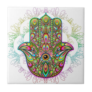 Hamsa Fatma Hand Psychedelic Art Ceramic Tile