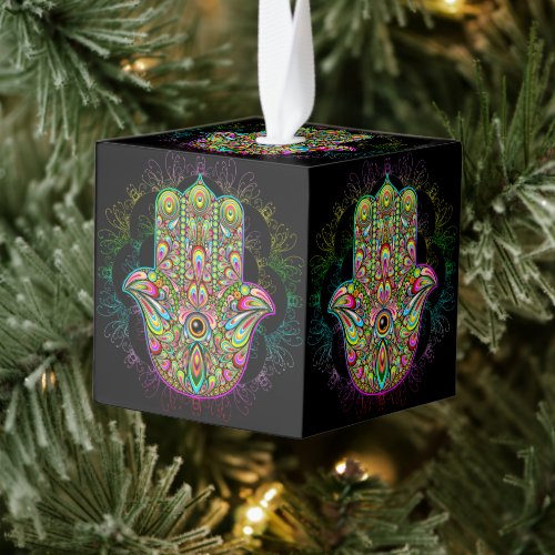 Hamsa Fatma Hand Psychedelic Art Cube Ornament
