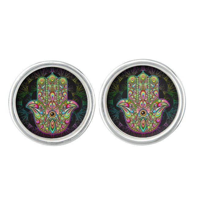 Hamsa Fatma Hand Psychedelic Art Cufflinks (Front)