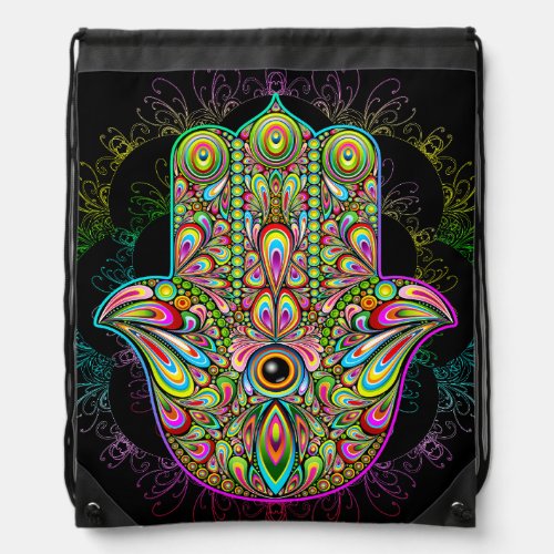 Hamsa Fatma Hand Psychedelic Art Drawstring Bag