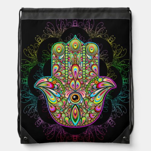 Hamsa Fatma Hand Psychedelic Art Drawstring Bag