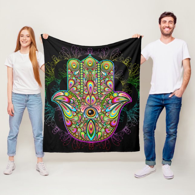 Hamsa Fatma Hand Psychedelic Art Fleece Blanket (In Situ)