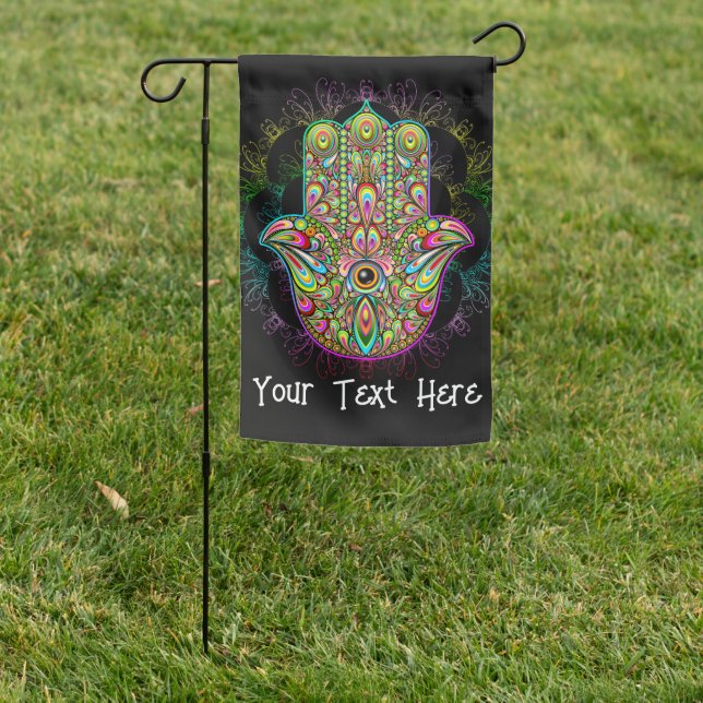Hamsa Fatma Hand Psychedelic Art Garden Flag (In SItu)