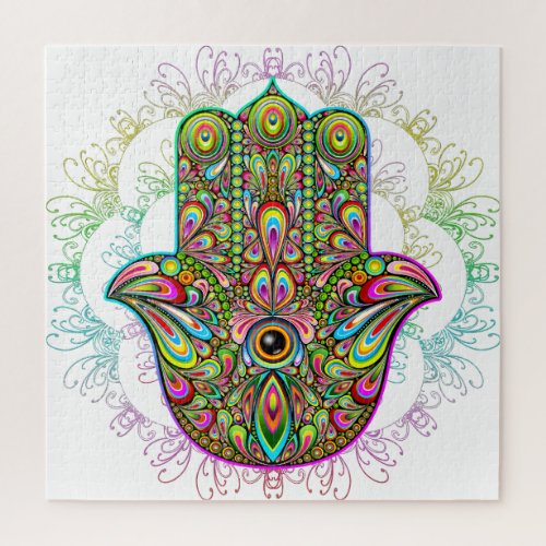 Hamsa Fatma Hand Psychedelic Art Jigsaw Puzzle