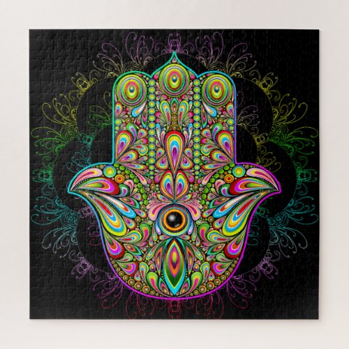 Hamsa Fatma Hand Psychedelic Art Jigsaw Puzzle