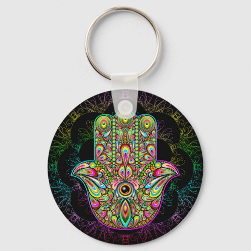 Hamsa Fatma Hand Psychedelic Art Keychain