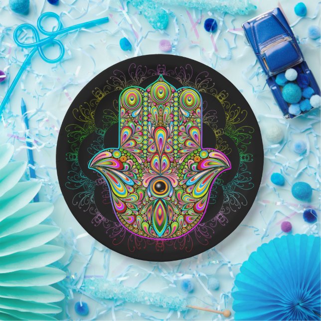 Hamsa Fatma Hand Psychedelic Art Paper Plates (Party)