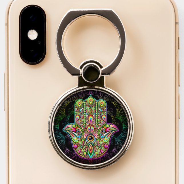 Hamsa Fatma Hand Psychedelic Art Phone Ring Stand (Close Up)