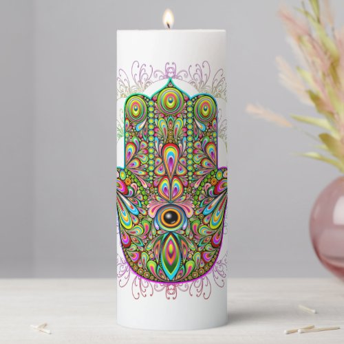 Hamsa Fatma Hand Psychedelic Art Pillar Candle