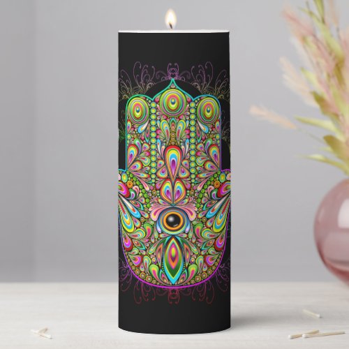 Hamsa Fatma Hand Psychedelic Art Pillar Candle