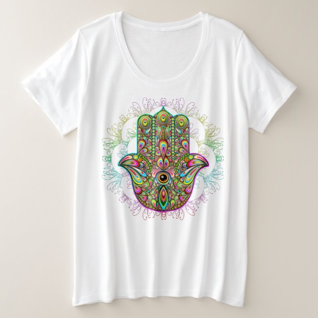 Hamsa Fatma Hand Psychedelic Art Plus Size T-Shirt (Design Front)