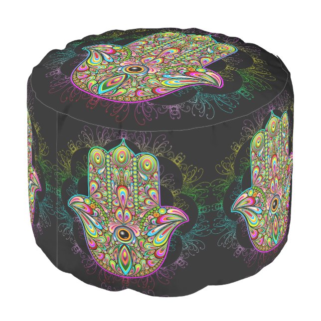 Hamsa Fatma Hand Psychedelic Art Pouf (Angled Back)