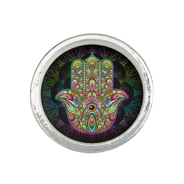 Hamsa Fatma Hand Psychedelic Art Ring (Front)