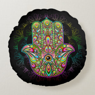 Hamsa Fatma Hand Psychedelic Art Round Pillow