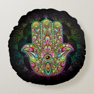 Hamsa Fatma Hand Psychedelic Art Round Pillow