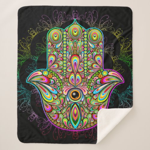 Hamsa Fatma Hand Psychedelic Art Sherpa Blanket