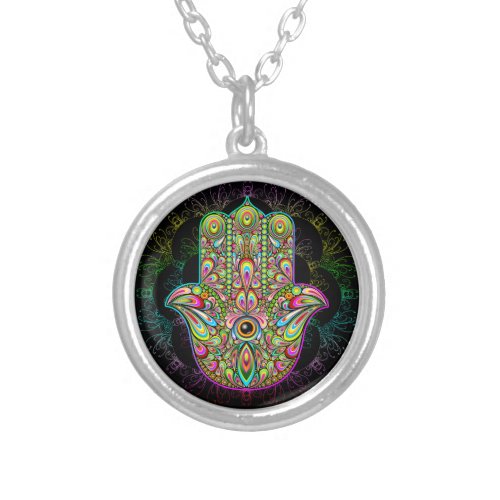 Hamsa Fatma Hand Psychedelic Art Silver Plated Necklace