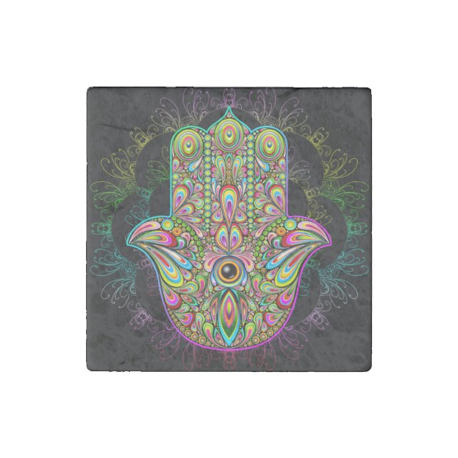 Hamsa Fatma Hand Psychedelic Art Stone Magnet (Front)