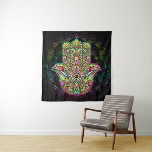 Hamsa Fatma Hand Psychedelic Art Tapestry