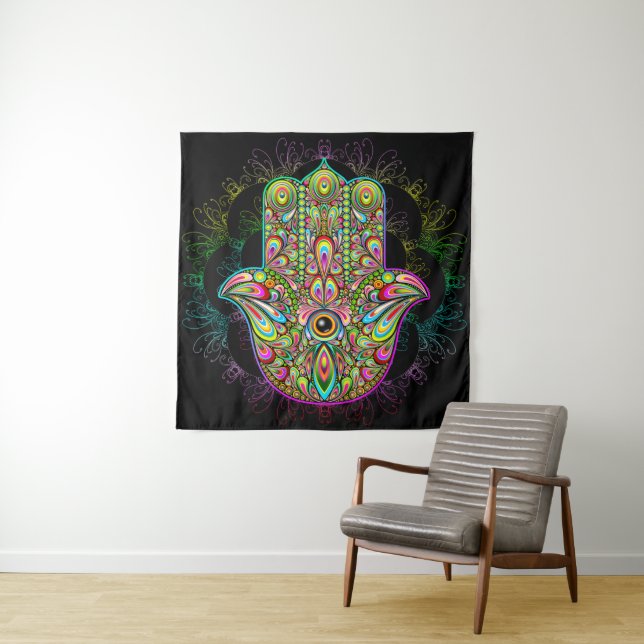 Hamsa Fatma Hand Psychedelic Art Tapestry (In Situ)
