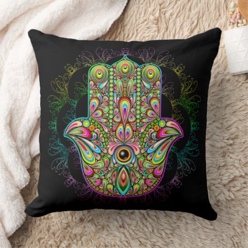 Hamsa Fatma Hand Psychedelic Art Throw Pillow