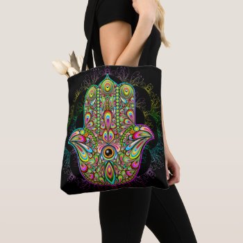 Hamsa Fatma Hand Psychedelic Art Tote Bag by Bluedarkat at Zazzle
