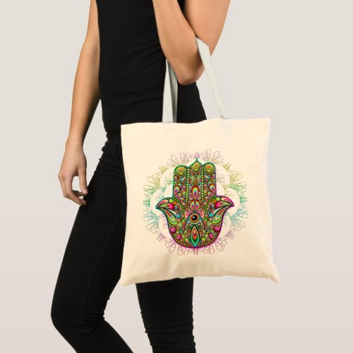 Hamsa Fatma Hand Psychedelic Art Tote Bag