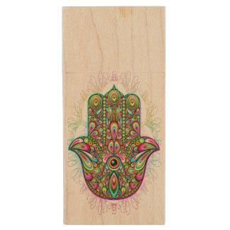 Hamsa Fatma Hand Psychedelic Art Wood Flash Drive