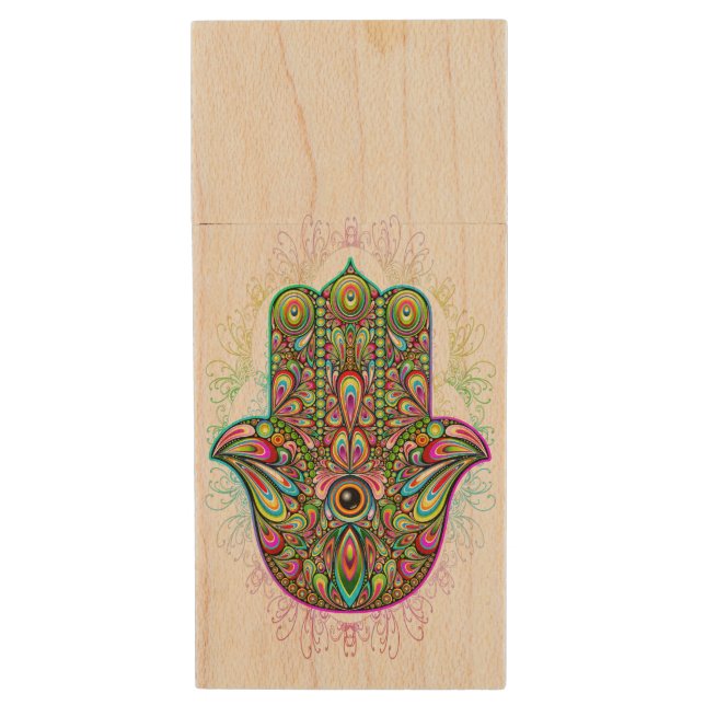 Hamsa Fatma Hand Psychedelic Art Wood Flash Drive (Front Vertical)