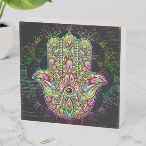 Hamsa Fatma Hand Psychedelic Art Wooden Box Sign