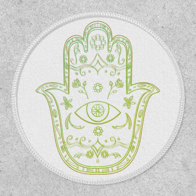 Hamsa Hand 3" Circle, White Stitching, Iron-On Patch (Front)
