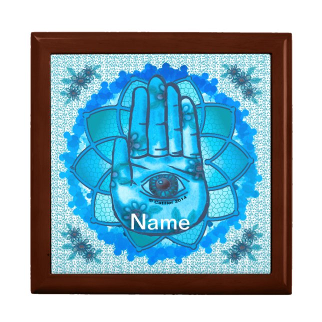 Hamsa Hand Aqua Lotus Keepsake Box (Front)