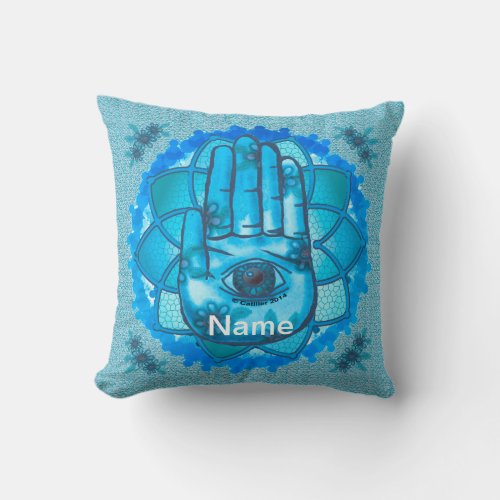 Hamsa Hand Aqua Lotus Throw Pillow
