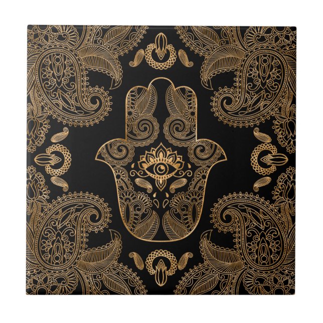 Hamsa Hand Black and gold Ornament Ceramic Tile (Front)