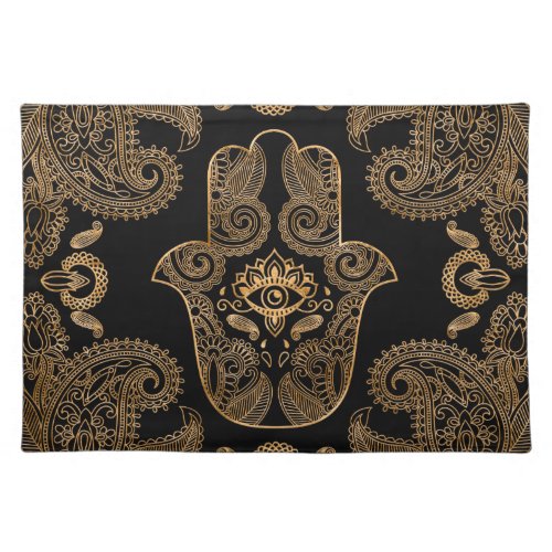 Hamsa Hand Black and gold Ornament Cloth Placemat