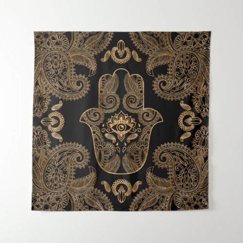 Hamsa Hand Black and gold Ornament Tapestry