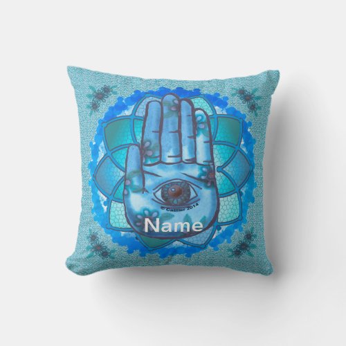 Hamsa Hand Blue Lotus Throw Pillow