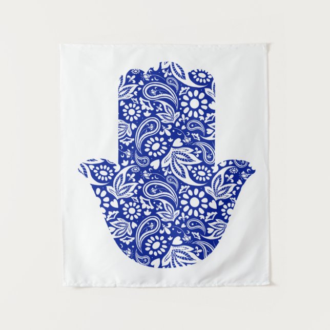 Hamsa Hand Bohemian Blue White Tapestry (Front)