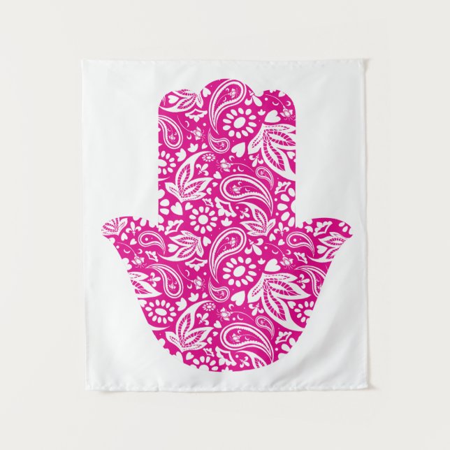 Hamsa Hand Boho Pink White Tapestry (Front)