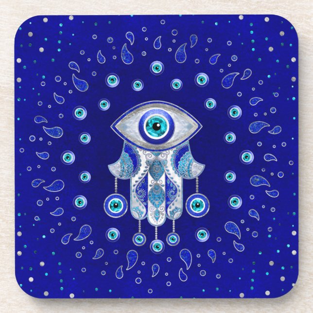 Hamsa Hand -Evil Eye Amulet Beverage Coaster (Front)