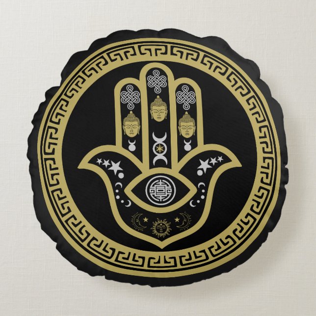 Hamsa Hand Evil Eye Protection Round Pillow (Front)