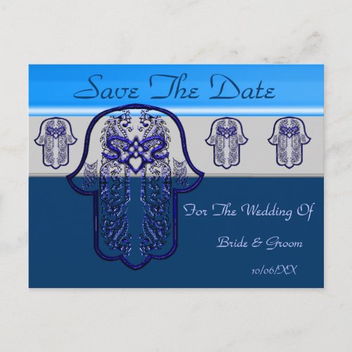 Hamsa Hand feat Heart Wedding Blue Announcement Postcard