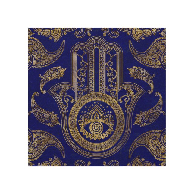 Hamsa Hand  - gold on lapis lazuli Wood Wall Art (Front)