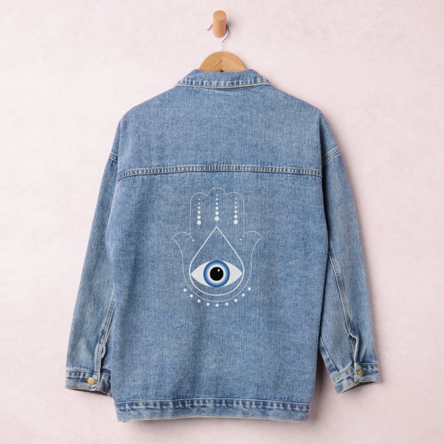 Hamsa Hand Greek Evil Eye Blue Denim Jacket (Hangar)