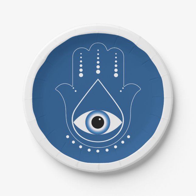 Hamsa Hand Greek Evil Eye Blue Paper Plates (Front)