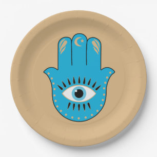 Hamsa Hand Greek Evil Eye Blue Paper Plates