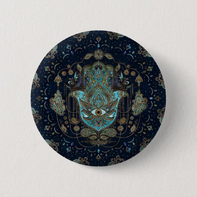 Hamsa Hand -Hand of Fatima Blue Gemstones Button (Front)