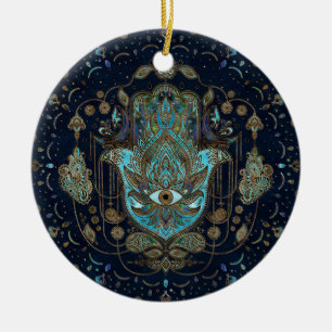 Hamsa Hand -Hand of Fatima Blue Gemstones Ceramic Ornament