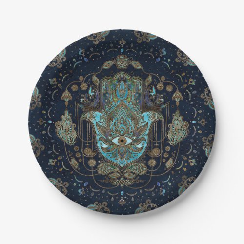 Hamsa Hand _Hand of Fatima Blue Gemstones Paper Plates