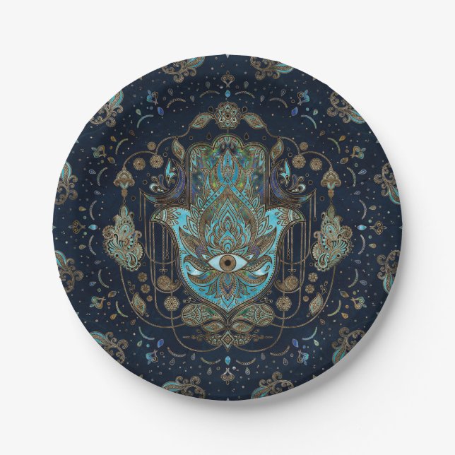 Hamsa Hand -Hand of Fatima Blue Gemstones Paper Plates (Front)